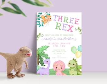 Pastel Three Rex Party Invitation Template, Girl Dinosaur Invite & Evite, Pink Dino 3rd Birthday, Cute Dinosaur Theme, INSTANT DOWNLOAD BD24