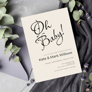 Minimalist Baby Shower Invitation, Editable Boho Gender Neutral Oh Baby Digital Invite, Printable Modern Beige Baby Shower Template, BS09