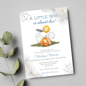 Boy Halloween Baby Shower Invite, Blue Halloween Baby Shower Invitation Template, A Little Boo Is Almost Due, Cute, INSTANT DOWNLOAD, BS17