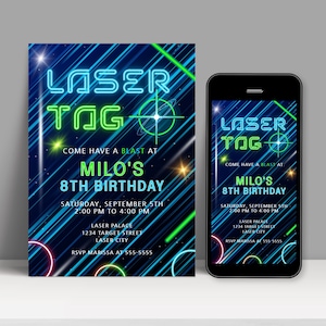 Op de afbeelding: Een blauwe en groene lasergame-verjaardagsuitnodiging met een neonontwerp. De uitnodiging bevat de tekst "Laser Tag", "Come Have A Blast At", "Milo's 8th Birthday", "Saturday, September 5th 2:00 PM to 4:00 PM", "Laser Palace 1234 Target Street Laser City", en "RSVP Marissa at 555-5555".