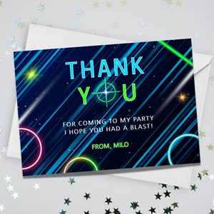 Laser Tag Thank You Card, Editable Birthday Party Thanks Note, Neon Glow Party Decor, Laser Tag Party Favor Printable Template, BD25