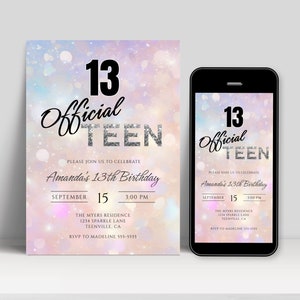 Thirteenth Birthday Invitation Girl, Official Teen Party Invite, 13th BDay Digital Invite, Editable Evite, Printable, INSTANT DOWNLOAD, BD12