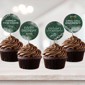 Escape Room Cupcake Toppers, Edytowalny wystrój na przyjęcie urodzinowe, Upominek na przyjęcie z grą Escape, Szablon etykiety na przyjęcie tajemnicze do wydrukowania, BD30