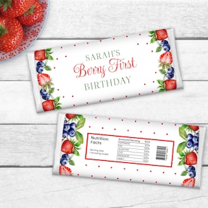 Editable Strawberry Candy Bar Wrapper, INSTANT DOWNLOAD, Berry First Birthday Favor, Printable Chocolate Label, Treat Wrapper Template, BD15