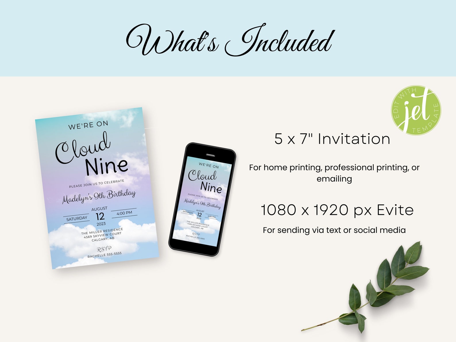Editable Cloud Nine Birthday Invitation, INSTANT DOWNLOAD, on Cloud 9 ...