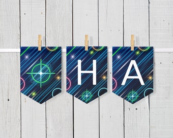 May include: A blue and green banner with the letters "HA" in white. The banner has a neon-like design with streaks of light and circles.
