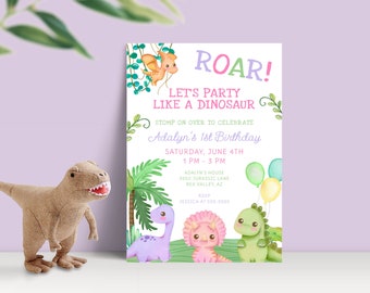 May include: A pink and green dinosaur birthday party invitation with the text "ROAR! Let's party like a dinosaur" and "Adalyn's 1st Birthday".