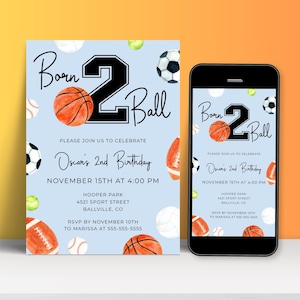 Born To Ball Einladungsvorlage, Bearbeitbare Basketball-Einladung mit digitalem Evite, zweite Geburtstagsfeier, Sportthema, INSTANT DOWNLOAD, BD33