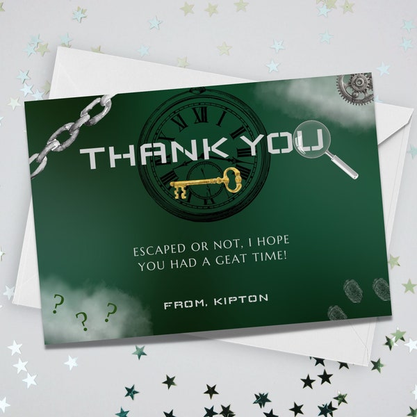 Escape Room Thank You Card, Editable Birthday Party Thanks Note, Kids Teens Bday Favors, DIY Printable Template, Green INSTANT DOWNLOAD BD30