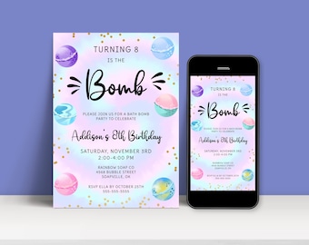 Bath Bomb Birthday Invitation Template, Editable Girls Bday Invite with Digital Evite, Soap Making Party Printable, INSTANT DOWNLOAD, BD32