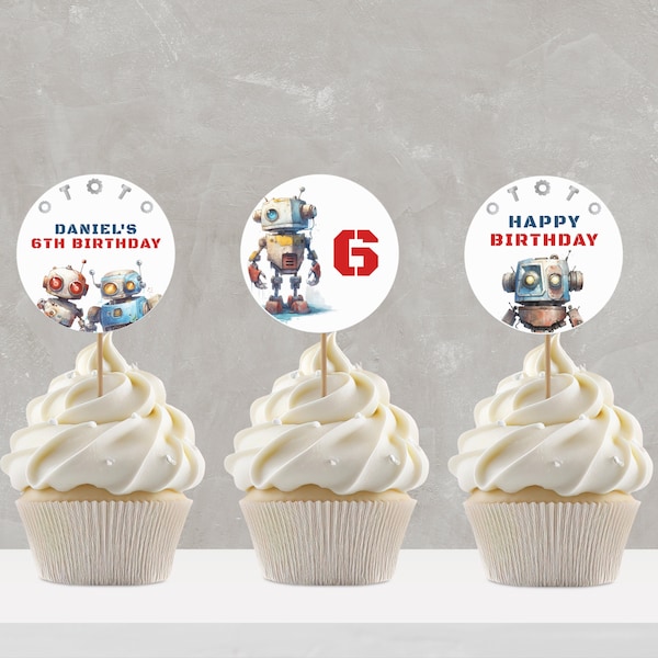 Robot Birthday Cupcake Toppers, INSTANT DOWNLOAD, Editable Robot Birthday Decor, Printable Cupcake Tags, Sci Fi Party Robot Template, BD18