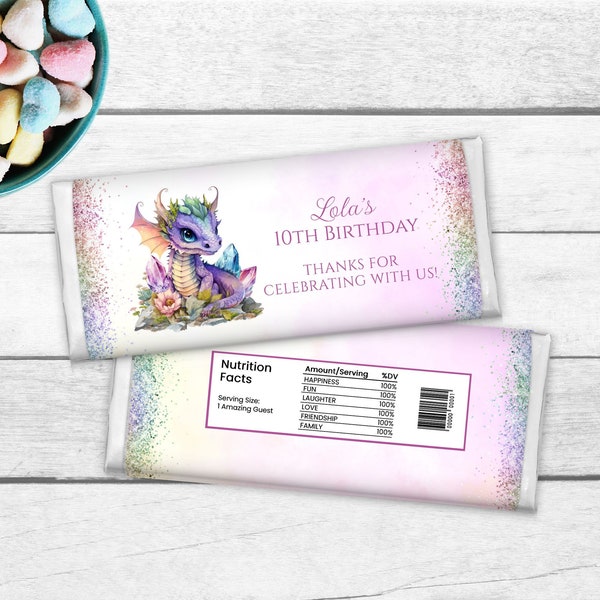 Dragon Party Favors, Chocolate Wrapper, Editable Party Decor, Girl Birthday Treat Label, Candy Thank You Printable, INSTANT DOWNLOAD, BD28