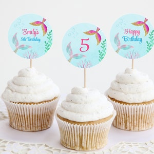 Mermaid Cupcake Toppers, Editable Under The Sea Cupcake Tags, Printable Birthday Decorations, Mermaid Tail Party Favor Digital Download BD17