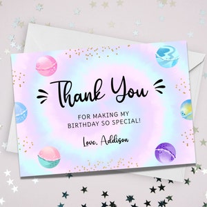 Cartão de agradecimento para festa de aniversário de bomba de banho, nota de agradecimento editável, lembrancinha de aniversário de menina, pastel e dourado, modelo para impressão, DOWNLOAD INSTANTÂNEO, BD32