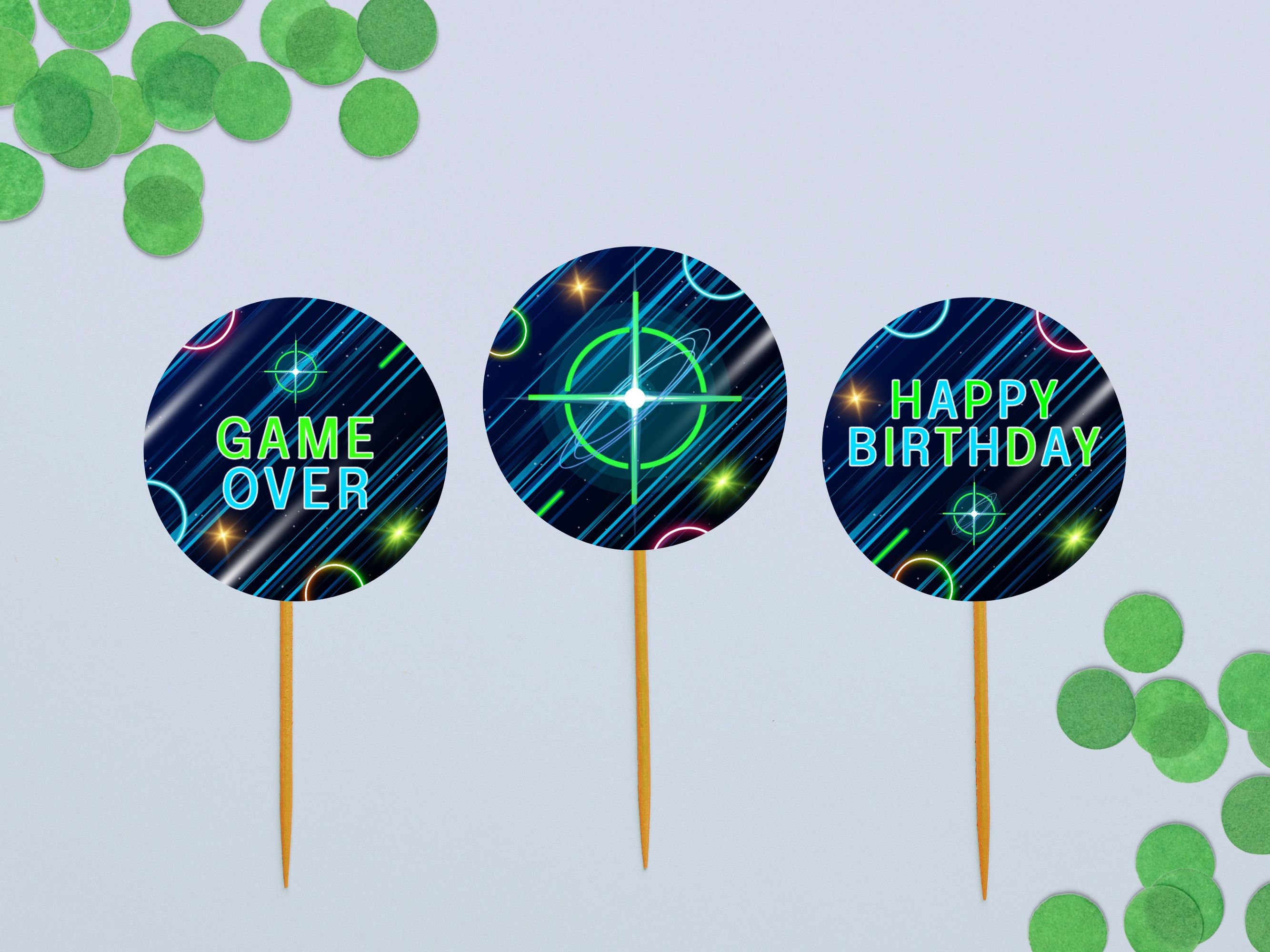 Laser Tag Cupcake Topper | 18 Stück Bunte Deko Für Geburtstagsparty | Aus Festem Karton Mit Plastikstiel | Einfach Zu Montieren