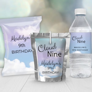 Peut inclure: Un ensemble d'étiquettes de faveur de fête avec un design de nuage et de ciel. Les étiquettes indiquent "Cloud Nine" et "Madelyn's 9th Birthday".