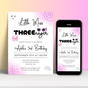 Little Miss Threenager 3rd Birthday Invitation, Girls Third Birthday Invite, Editable Glam Bday Party Evite, Printable Instant Download BD35