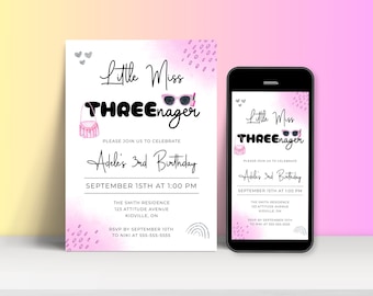 May include: A pink and white birthday invitation with the text "Little Miss THREEnager" and "Adele's 3rd Birthday". The invitation includes a pink purse, sunglasses, and a rainbow design. The invitation is for a party on September 15th at 1:00 PM at The Smith Residence, 123 Attitude Avenue, Kidville, ON. RSVP by September 10th to Niki at 555-555-5555.