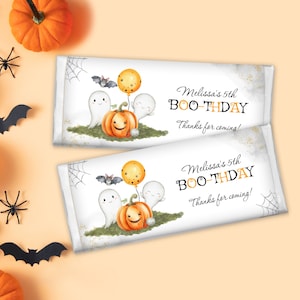 Halloween Birthday Chocolate Bar Wrapper, Editable Halloween Party Favor Printable, Kids Spooky Party Decor, Cute Ghosts with Pumpkin BD20