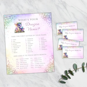 May include: A printable game card with a purple dragon illustration and a pink and blue glitter background. The card has instructions to create a dragon name by combining the first letter of your name with your birth month. The card also includes four blank cards with a dragon illustration and the text "My dragon name is:"