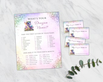 What's Your Dragon Name Printable Party Game, Girls Birthday Activity, Fun Name Generator, Kids Magical Bday Sign, INSTANT DOWNLOAD, BD28
