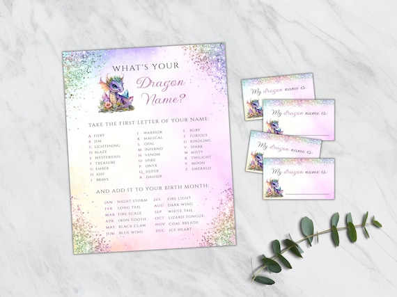 What's Your Dragon Name Printable Party Game, Girls Birthday Activity, Fun Name Generator, Kids Magical Bday Sign, INSTANT DOWNLOAD, BD28