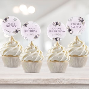 Escape Room Cupcake Toppers, Edytowalna dekoracja na przyjęcie urodzinowe dla dziewczynek, Wydrukowana gra typu escape party Favor, Fioletowe etykiety na deser Mystery Party BD29