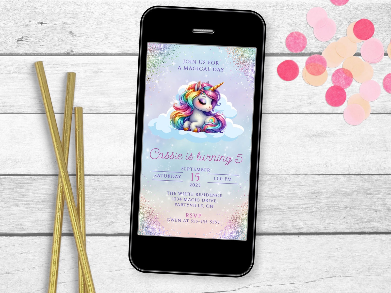 Rainbow Unicorn Birthday Invitation Template, Editable Girls Magical ...