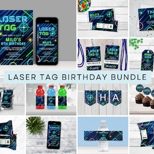 Op de afbeelding: Een printbare lasertag-verjaardagsfeestbundel met neon groene en blauwe accenten. De bundel bevat uitnodigingen, gunstenlabels, waterfleslabels, cupcake-toppers en meer. De tekst op de uitnodigingen luidt "Kom gezellig naar Milos 9e verjaardag".