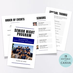 May include: A printed Senior Night Program for Blackburn High School Baseball, Class of 2026. The program includes the order of events, senior player information, and special thanks to sponsors. The design is editable with Canva.