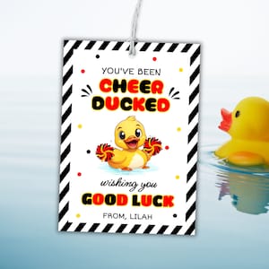 Bewerkbare Cheer Duck Tag, je bent weggedoken, afdrukbare Cheerleader Good Luck Label, Rubber Duck Game, rood zwart goud, Instant Download SO1