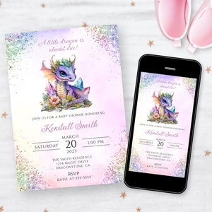 May include: A baby shower invitation featuring a purple dragon illustration against a glittery background. The invitation reads "A little dragon is almost due!" and includes the date, time, and location of the event.