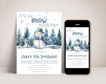 Blue Snowman Invitation, Editable Snow Much Fun Birthday Invite, Printable Boys Winter Theme Party Template, Custom Digital Download, BD50