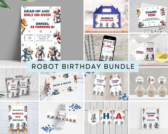Invitaciones de cumpleaños de robots, regalos para fiestas de robots, imprimibles para fiestas de cumpleaños de robots, decoración de robots, cumpleaños de niño, descarga instantánea, BD18