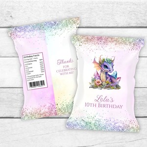 May include: Purple dragon with rainbow glitter background.  The text reads "Thanks for celebrating with me?" and "Lola's 10th Birthday".