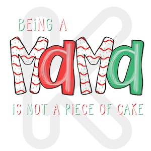 Puede incluir: Un fondo blanco con texto rojo y verde que dice "Ser mamá no es un juego de niños". El texto está estilizado con un patrón de rayas rojas y blancas y líneas onduladas verdes.