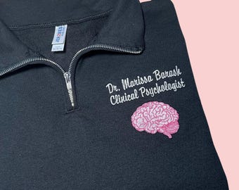 Personalized Embroidered Brain Quarter Zip, Custom Psychology Sweater, Psychologist Gift, Psychology Student Pullover,Custom Psych Grad Gift