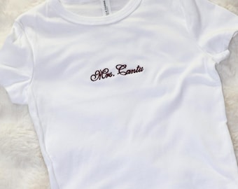 Personalized Mrs. Crop Top, Custom Embroidered Bridal Shirt, Custom Last Name Wedding Tee, Wifey Material Top, Embroidered Bride Shirt