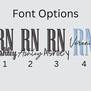 Puede incluir: Imagen que muestra cuatro opciones de fuente. El texto "Font Options" est&aacute; en la parte superior. Debajo hay cuatro ejemplos de las letras "RN" con diferentes fuentes y nombres. Los n&uacute;meros 1, 2 y 3 tienen el nombre "Ashley" debajo de las letras "RN". El n&uacute;mero 4 tiene el nombre "Verenice".