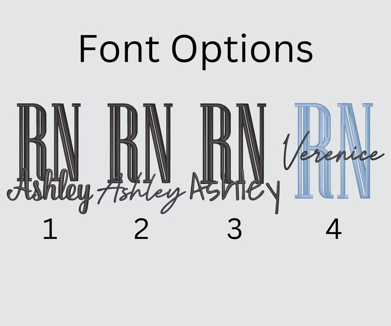 Puede incluir: Imagen que muestra cuatro opciones de fuente. El texto "Font Options" est&aacute; en la parte superior. Debajo hay cuatro ejemplos de las letras "RN" con diferentes fuentes y nombres. Los n&uacute;meros 1, 2 y 3 tienen el nombre "Ashley" debajo de las letras "RN". El n&uacute;mero 4 tiene el nombre "Verenice".