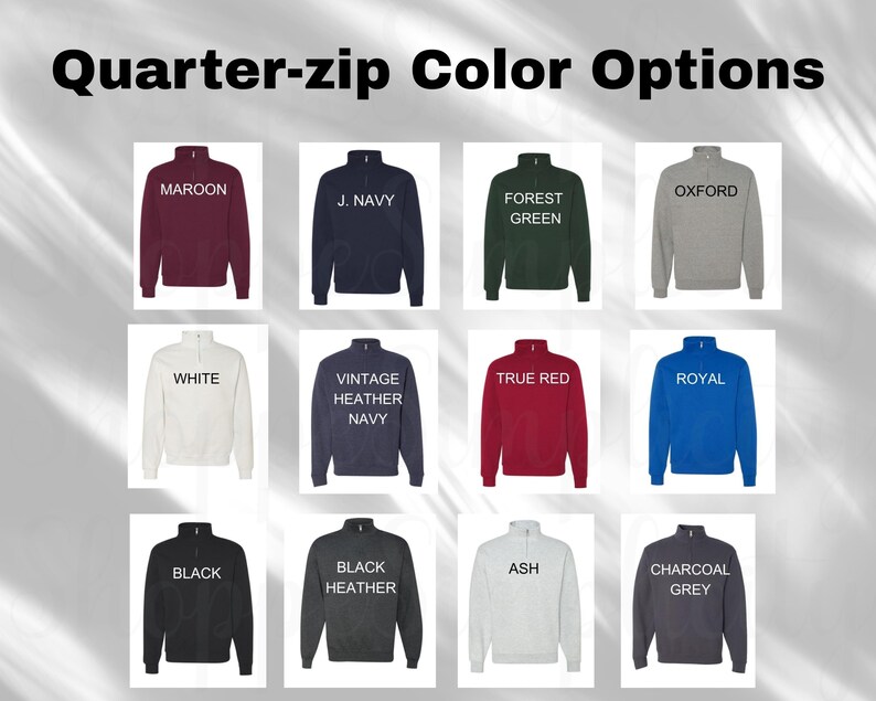 Puede incluir: Imagen que muestra una variedad de sudaderas con cremallera de cuarto de cierre en diferentes colores. Las opciones incluyen granate, azul marino, verde bosque, gris oxford, blanco, azul marino jaspeado vintage, rojo vivo, azul real, negro, negro jaspeado, ceniza y gris carb&oacute;n. Cada sudadera tiene una cremallera en el cuello.