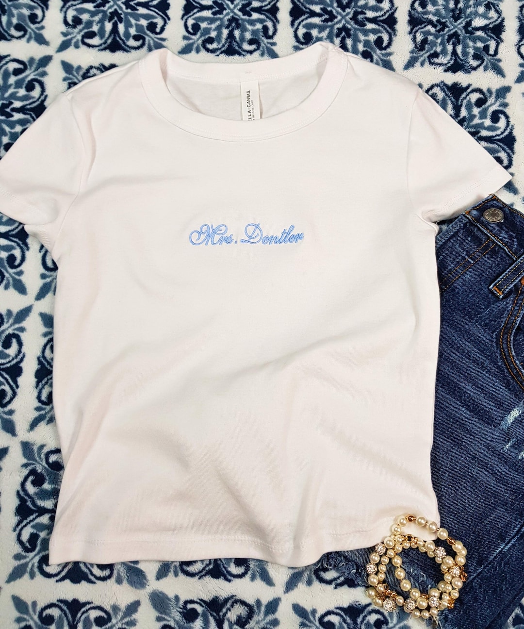 Personalized Mrs. Crop Top, Custom Embroidered Bridal Shirt, Custom Last Name Wedding Tee, Wifey Material Top, Embroidered Bride Shirt