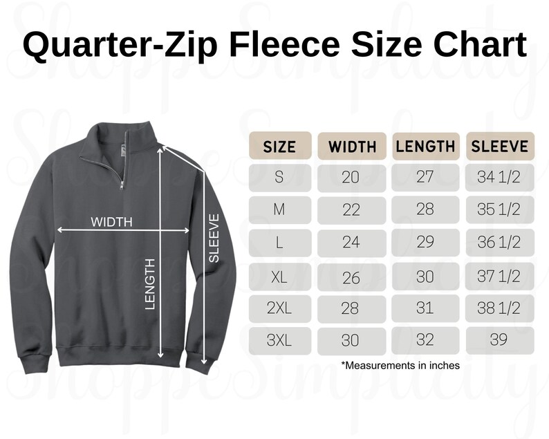 Puede incluir: Un forro polar gris oscuro con cremallera de cuarto de cremallera y una tabla de tallas. La tabla muestra medidas en pulgadas para el ancho, el largo y el largo de la manga para las tallas S a 3XL. El texto "Quarter-Zip Fleece Size Chart" est&aacute; en la parte superior.