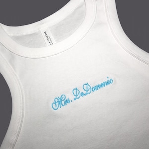 Embroidered Mrs. Tank Top, Bridal Shower Gift, Engagement Gift, Bride T-Shirt, Spaghetti Strap Baby Tee