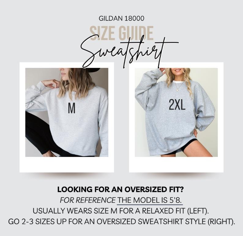 Peut inclure: Guide des tailles pour les sweat-shirts Gildan 18000. Le mannequin mesure 1,73 m et porte une taille M pour une coupe d&eacute;contract&eacute;e. Une taille 2XL est pr&eacute;sent&eacute;e pour une coupe ample.