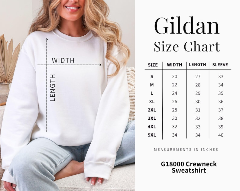 Peut inclure: Tableau des tailles du sweat-shirt &agrave; col rond Gildan G18000 en pouces. Le tableau indique la largeur, la longueur et la longueur des manches pour les tailles S &agrave; 5XL.