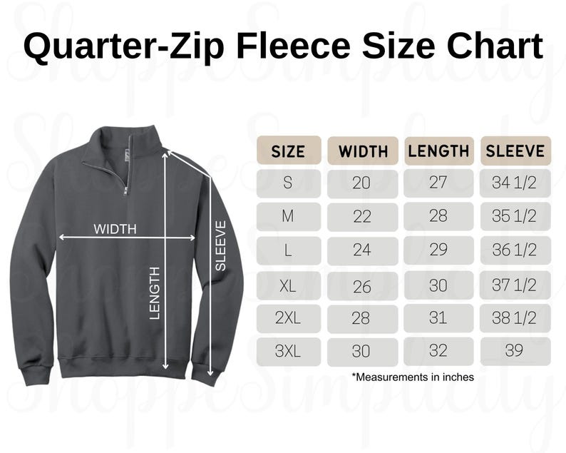 May include: A dark gray quarter-zip fleece with a size chart. The chart displays measurements in inches for width, length, and sleeve length, ranging from size small to 3XL. The text "Quarter-Zip Fleece Size Chart" is at the top.