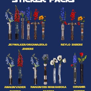 May include: A set of Star Wars lightsaber sticker packs featuring different characters and colours. The sticker packs are arranged in rows with the character names listed below each row. The sticker packs are on a blue background.