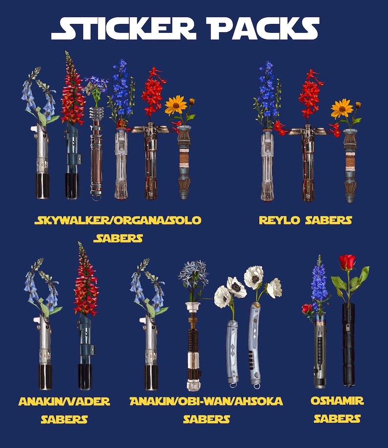 May include: A set of Star Wars lightsaber sticker packs featuring different characters and colours. The sticker packs are arranged in rows with the character names listed below each row. The sticker packs are on a blue background.