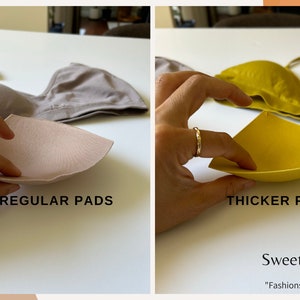 May include: Two bra pads, one beige and one yellow, are shown on a white surface. The beige pad is labeled "Regular Pads" and the yellow pad is labeled "Thicker Pads". The text "SweetestSpotStore" and "Fashions fade, style is eternal." is also visible.